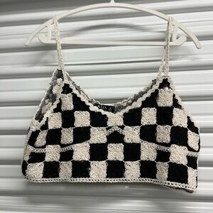 Julia Black and White Checkered Crochet Crop Top Size M